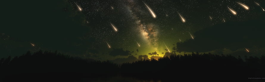 Meteor Shower Over Forest Silhouette With Milky Way and Aurora Glow HD wallpaper