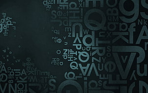 Dark Teal Abstract Typography Background With Scattered Letters And Textures HD wallpaper