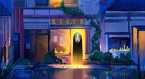 No Face Standing in a Rainy Japanese Street at Night from Spirited Away HD wallpaper