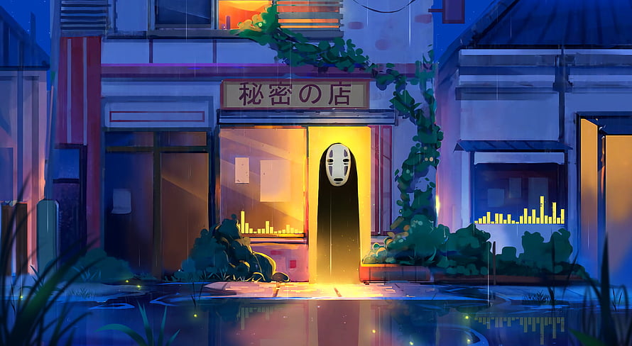 No Face Standing in a Rainy Japanese Street at Night from Spirited Away HD wallpaper