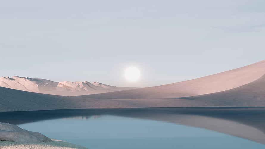 Serene Desert Lake Landscape with Rolling Sand Dunes and Distant Mountains Under a Soft Sky HD wallpaper