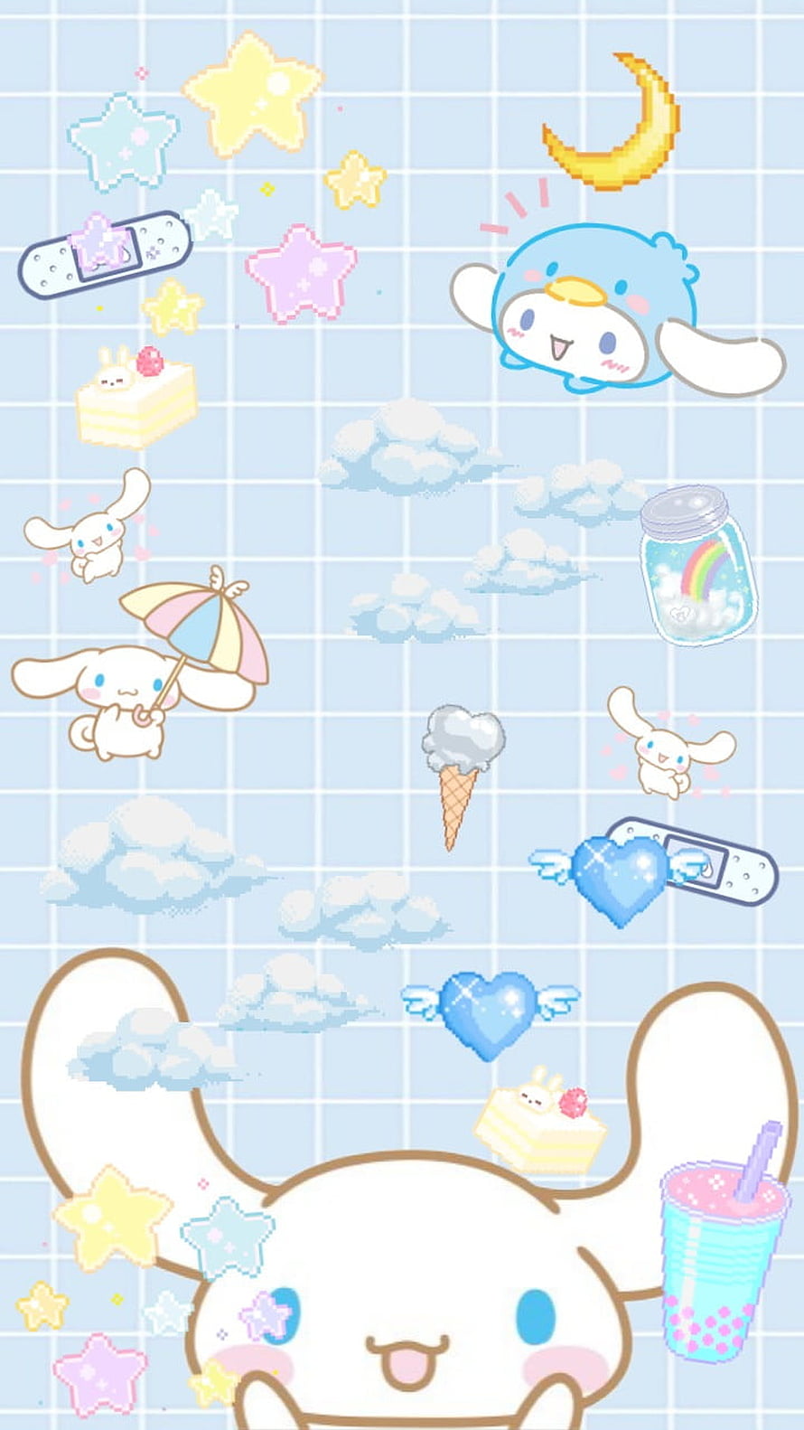 Cute Cinnamoroll Pixel Art Wallpaper with Clouds, Stars, and Pastel Grid Background HD phone wallpaper
