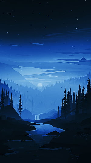 Dark Scenic Night Landscape with Moonlit River and Pine Forest HD phone wallpaper