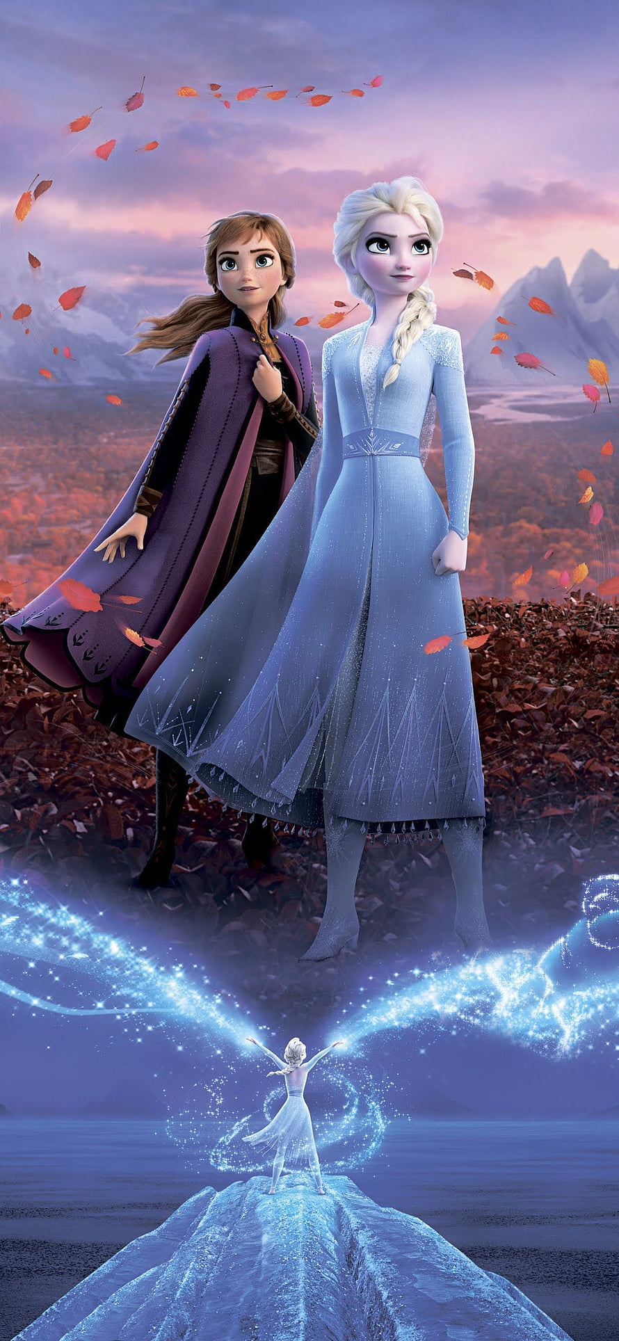 Anna and Elsa from Frozen 2 Standing in Autumn Landscape with Magical Ice Effects HD phone wallpaper