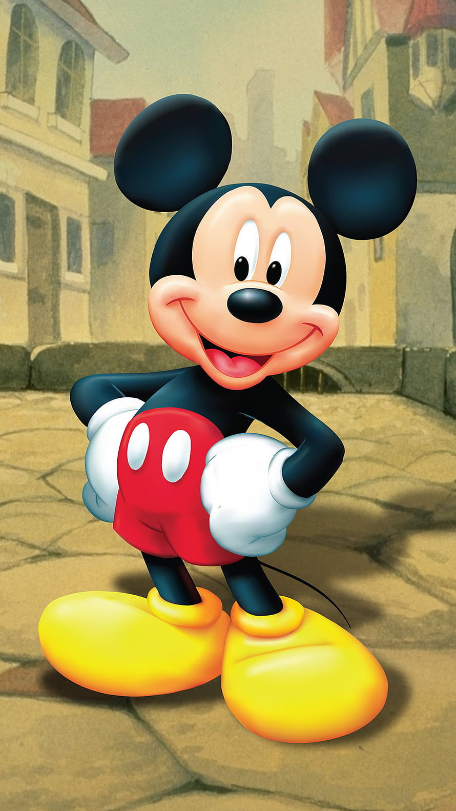 Mickey Mouse Standing in a Cobblestone Street with Hands on Hips HD phone wallpaper