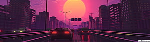Synthwave City Highway at Sunset with Retro Cars and Neon Lights HD wallpaper