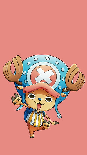 Tony Tony Chopper from One Piece in a dynamic pose wearing his signature blue hat with a cross emblem HD phone wallpaper
