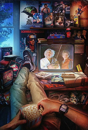 Nostalgic 80s Bedroom Scene with Retro Gaming Console, Popcorn, and Classic Movie Posters HD phone wallpaper