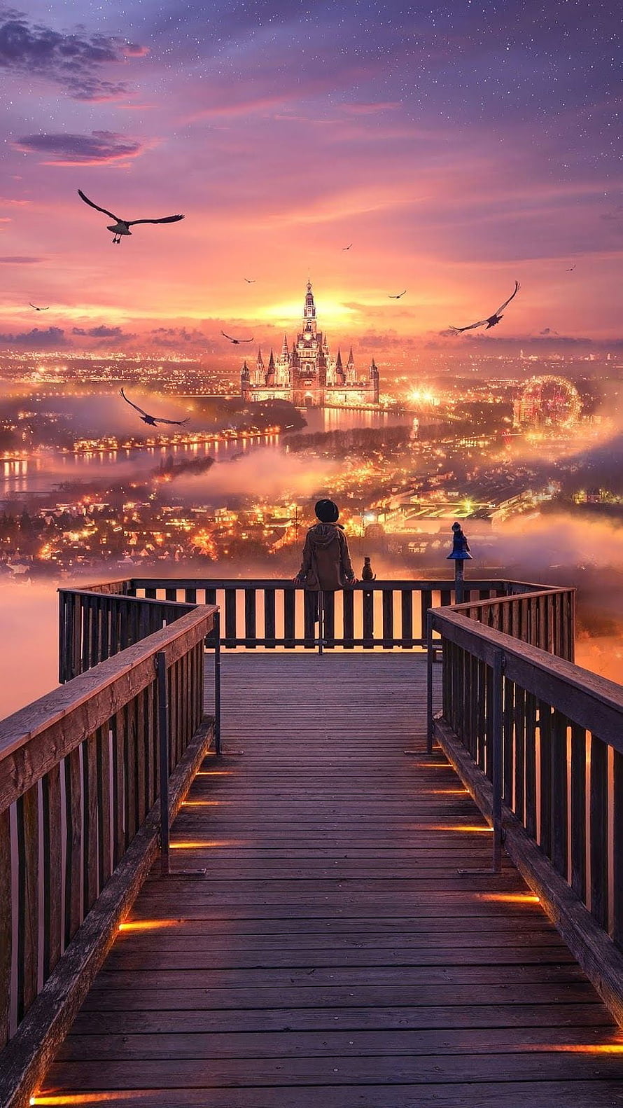 Magical Castle at Sunset Viewed from Wooden Deck with Birds Flying HD phone wallpaper