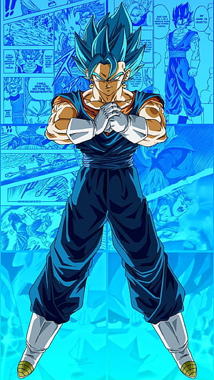 Vegito Super Saiyan Blue Full Body Character Art with Manga Panel Background HD phone wallpaper