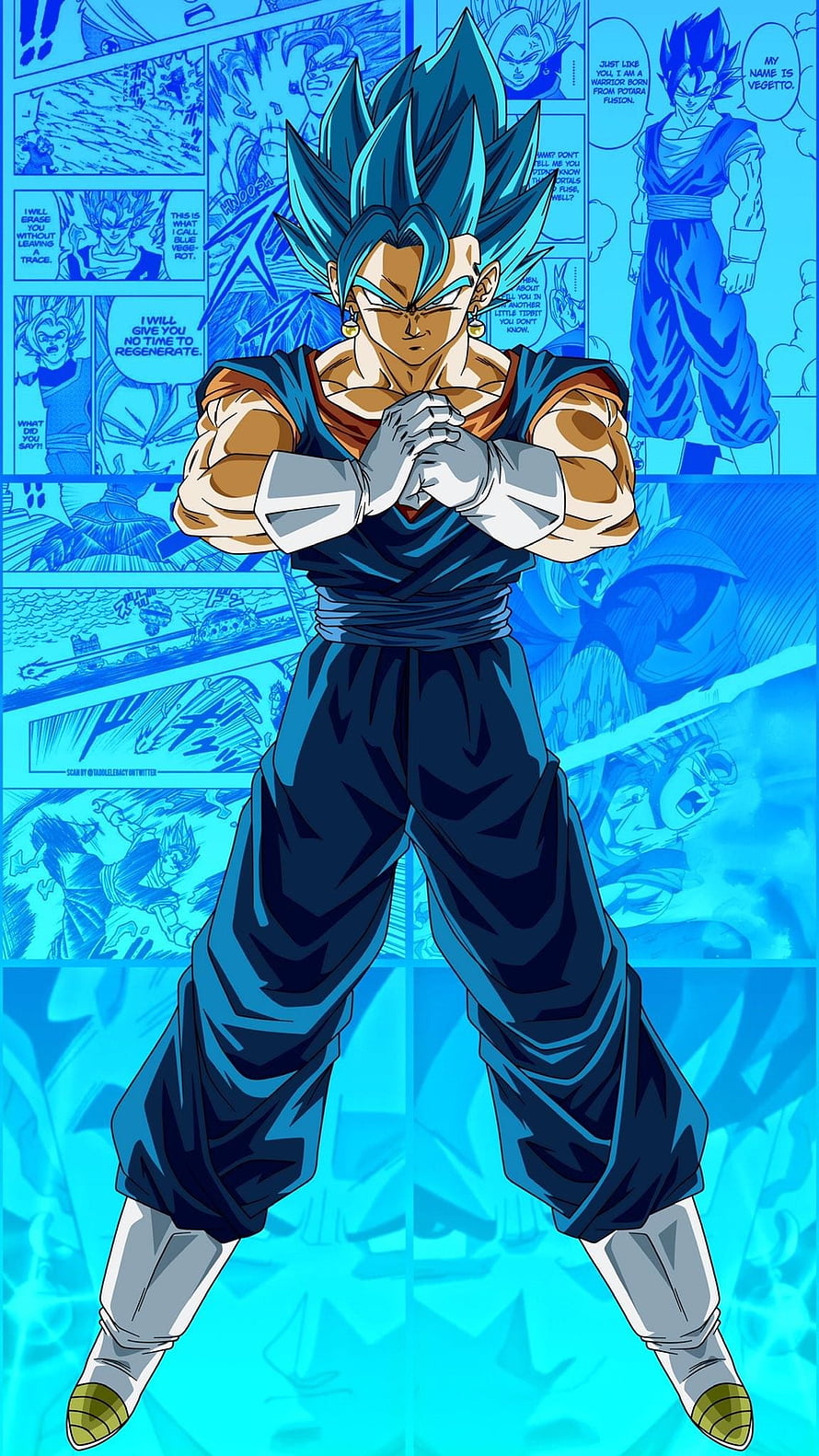 Vegito Super Saiyan Blue Full Body Character Art with Manga Panel Background HD phone wallpaper
