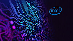Intel Logo on Glowing Blue and Purple Circuit Board Technology Background HD wallpaper
