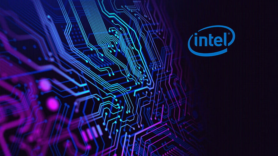 Intel Logo on Glowing Blue and Purple Circuit Board Technology Background HD wallpaper