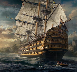 Excalibur Ship of the Line Sailing Through Dramatic Coastal Waters HD wallpaper