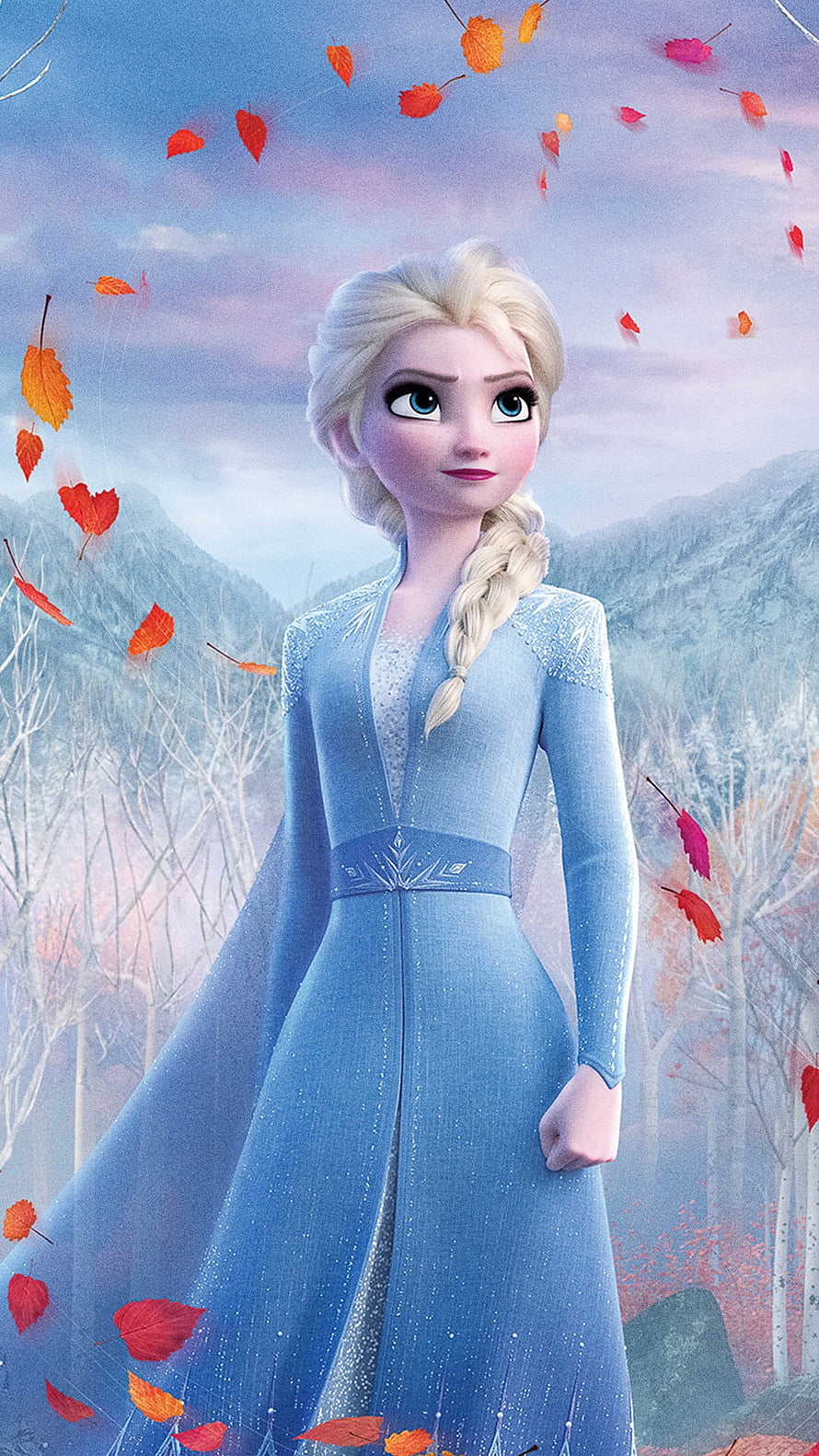 Elsa from Frozen in a shimmering blue gown with falling autumn leaves and misty mountains HD phone wallpaper