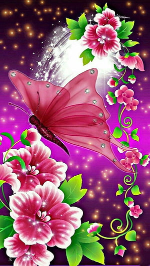 Magical Pink Butterfly and Glowing Flowers on Purple Background HD phone wallpaper