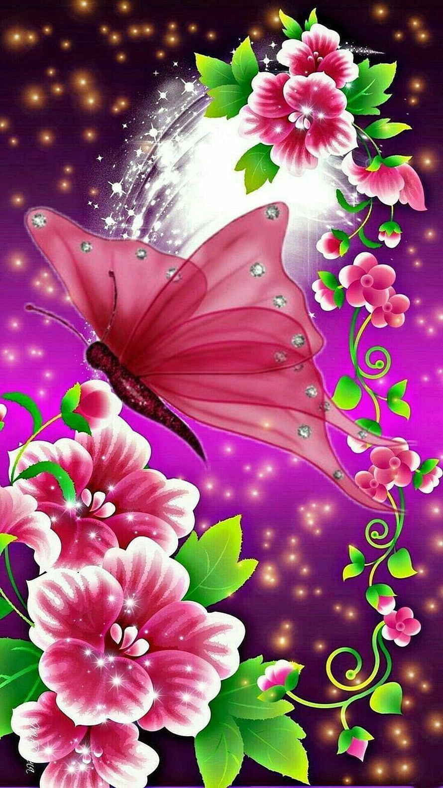 Magical Pink Butterfly and Glowing Flowers on Purple Background HD phone wallpaper