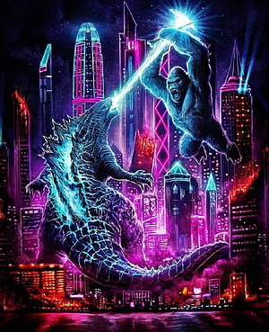 Godzilla vs King Kong Neon Cyberpunk City Battle Wallpaper HD phone wallpaper