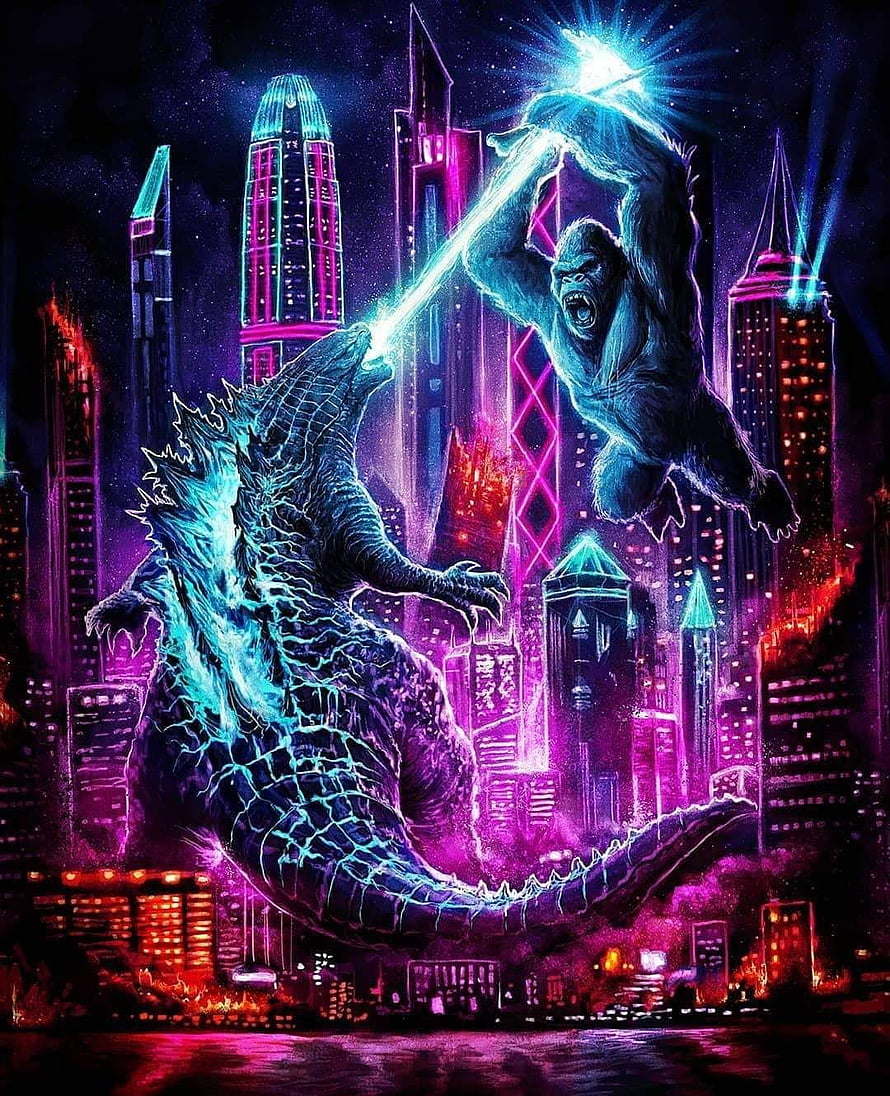 Godzilla vs King Kong Neon Cyberpunk City Battle Wallpaper HD phone wallpaper