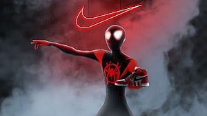 Miles Morales Spider-Man Holding Red Nike Sneaker With Neon Swoosh Logo Background, Spiderman Miles Morales Nike Air Jordan - Air Jordan HD wallpaper