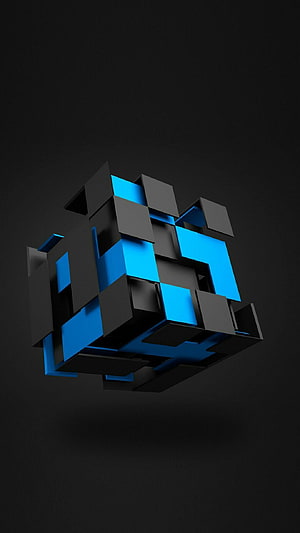 Abstract 3D Geometric Cube with Blue and Black Interlocking Blocks HD phone wallpaper