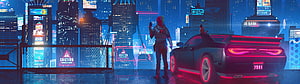 Cyberpunk Cityscape with Neon Sports Car and Hooded Figure HD wallpaper