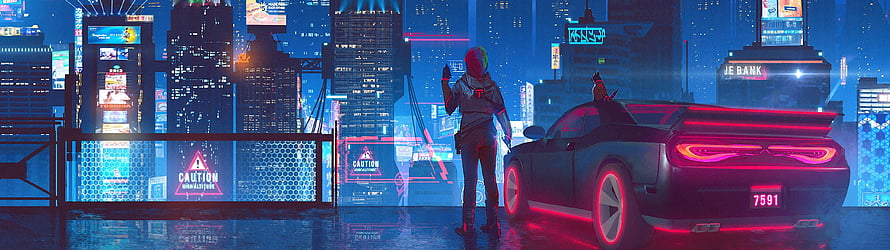 Cyberpunk Cityscape with Neon Sports Car and Hooded Figure HD wallpaper