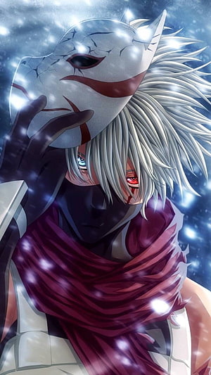 Silver-Haired Anime Character Holding a Cracked White Mask in Snowfall HD phone wallpaper