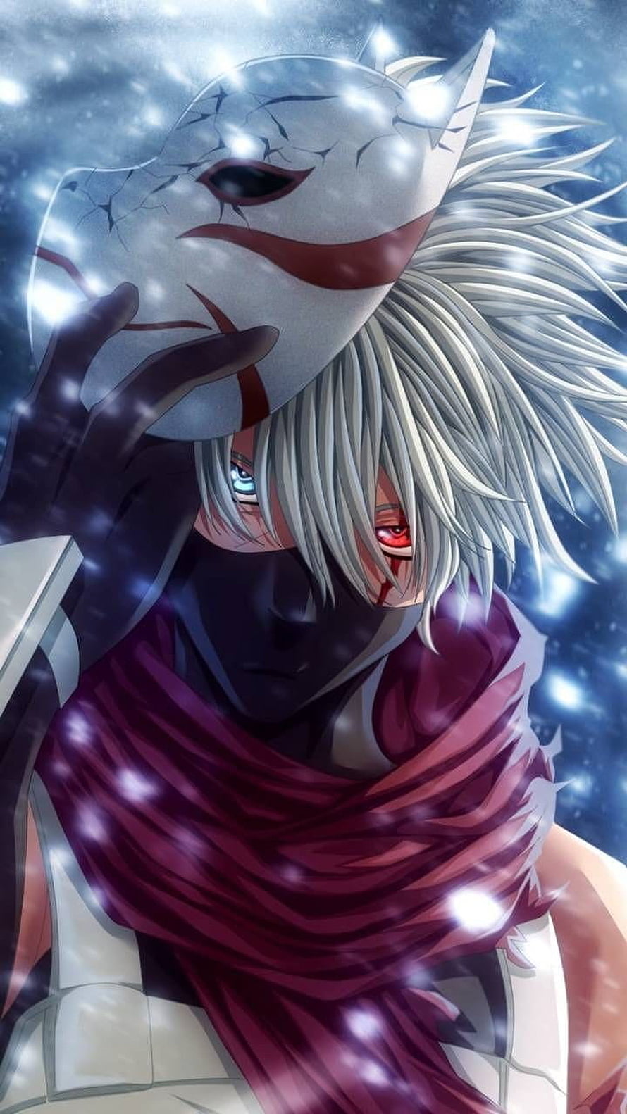 Silver-Haired Anime Character Holding a Cracked White Mask in Snowfall HD phone wallpaper