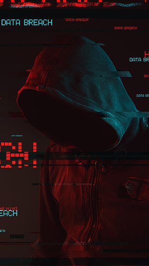 Anonymous Hacker In Hoodie With Glitch Effect And Data Breach Text Overlay HD phone wallpaper