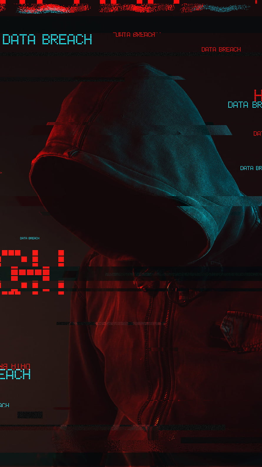 Anonymous Hacker In Hoodie With Glitch Effect And Data Breach Text Overlay HD phone wallpaper