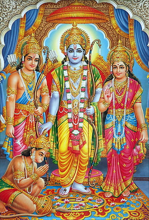 Lord Rama, Sita, Lakshmana, and Hanuman in traditional Indian mythology art, Ram Laxman Sita Hanuman - HD phone wallpaper
