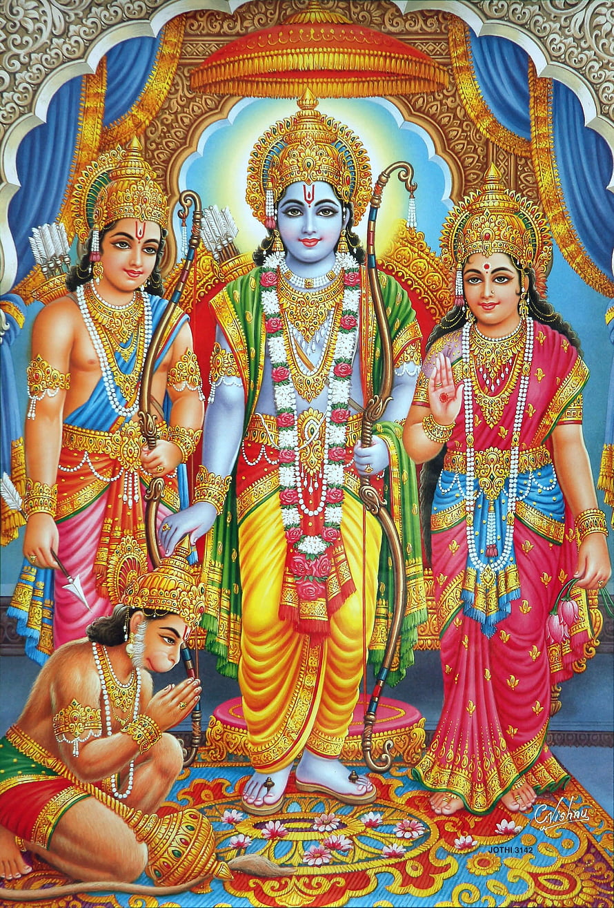 Lord Rama, Sita, Lakshmana, and Hanuman in traditional Indian mythology art, Ram Laxman Sita Hanuman - HD phone wallpaper