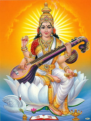 Saraswati Goddess Playing Veena on Lotus with Swan and Holy Books HD phone wallpaper