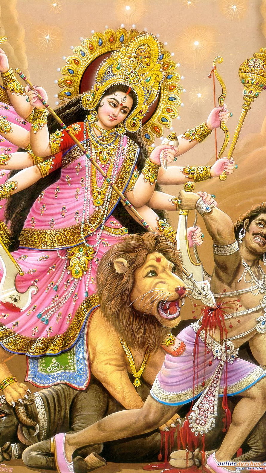 Goddess Durga slaying the buffalo demon Mahishasura on a lion, traditional Indian mythology artwork HD phone wallpaper