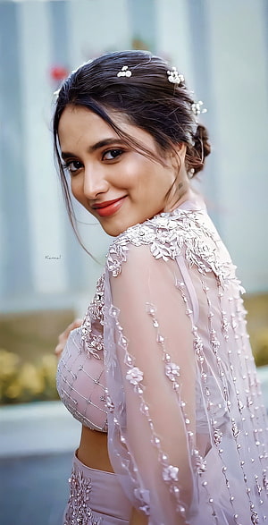 Priyanka Mohan in Elegant Blush Pink Embroidered Lehenga with Floral Hair Accessories HD phone wallpaper
