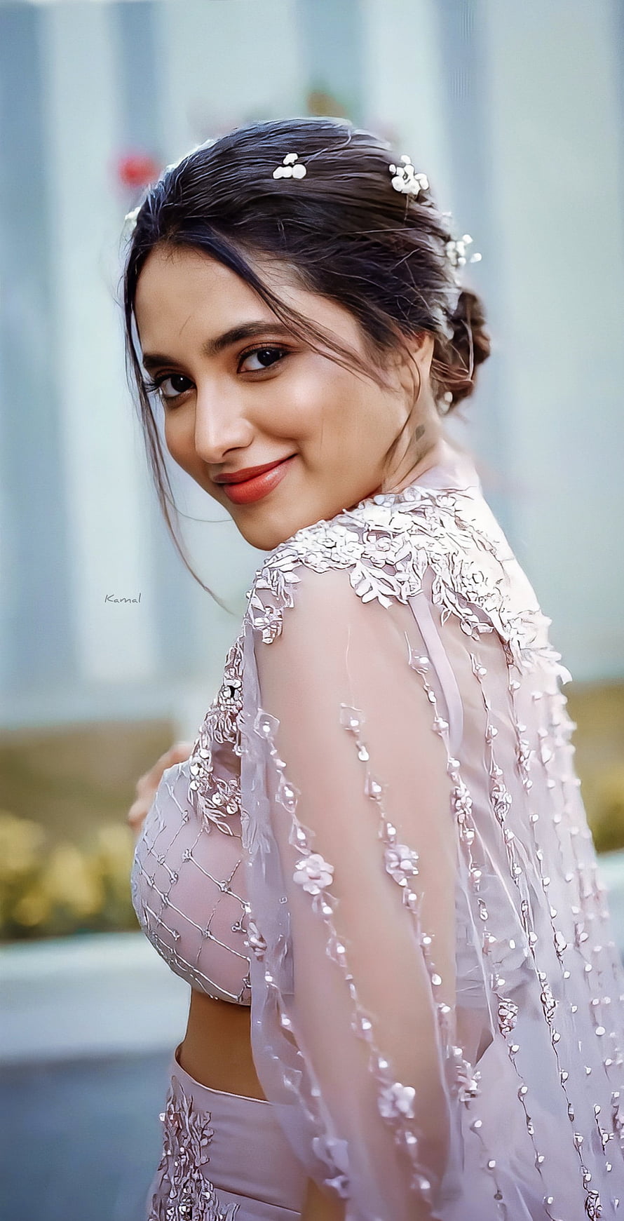 Priyanka Mohan in Elegant Blush Pink Embroidered Lehenga with Floral Hair Accessories HD phone wallpaper
