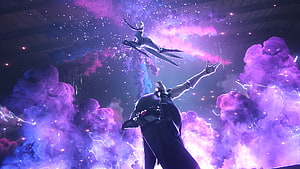 Jinx and Vi from Arcane in a dramatic confrontation amidst swirling purple smoke and magical energy HD wallpaper