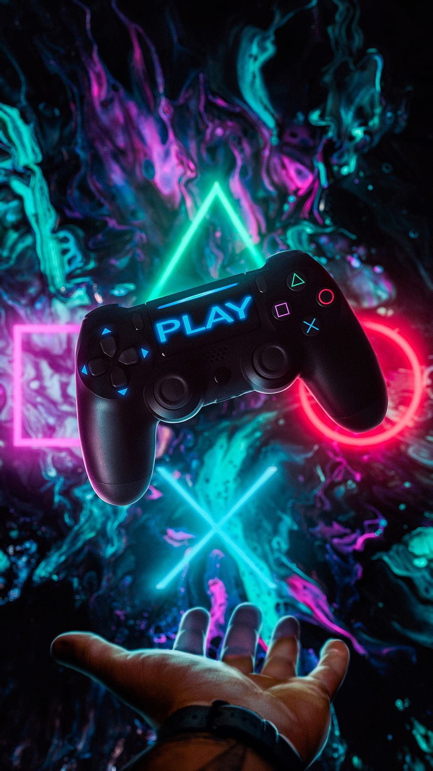 Neon PlayStation Controller Floating Above Hand With Glowing Symbols HD phone wallpaper