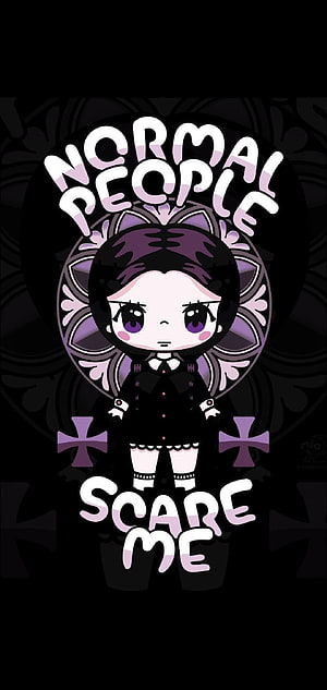 Wednesday Addams Chibi Character in Black Gothic Outfit with Purple Mandala Background HD phone wallpaper
