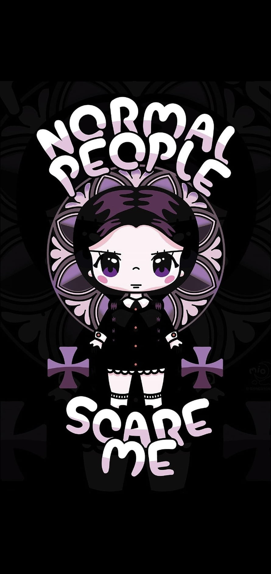Wednesday Addams Chibi Character in Black Gothic Outfit with Purple Mandala Background HD phone wallpaper