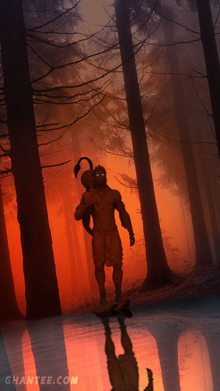 Hanuman Standing in a Misty Forest with Glowing Eyes and Mace, Hanuman, bajrangbali HD phone wallpaper