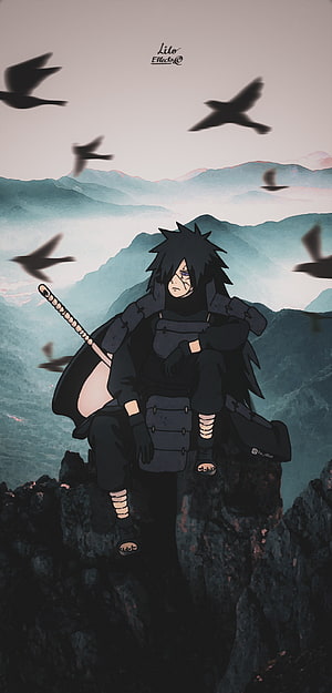 Itachi Uchiha Sitting on Cliff with Birds and Mountains HD phone wallpaper