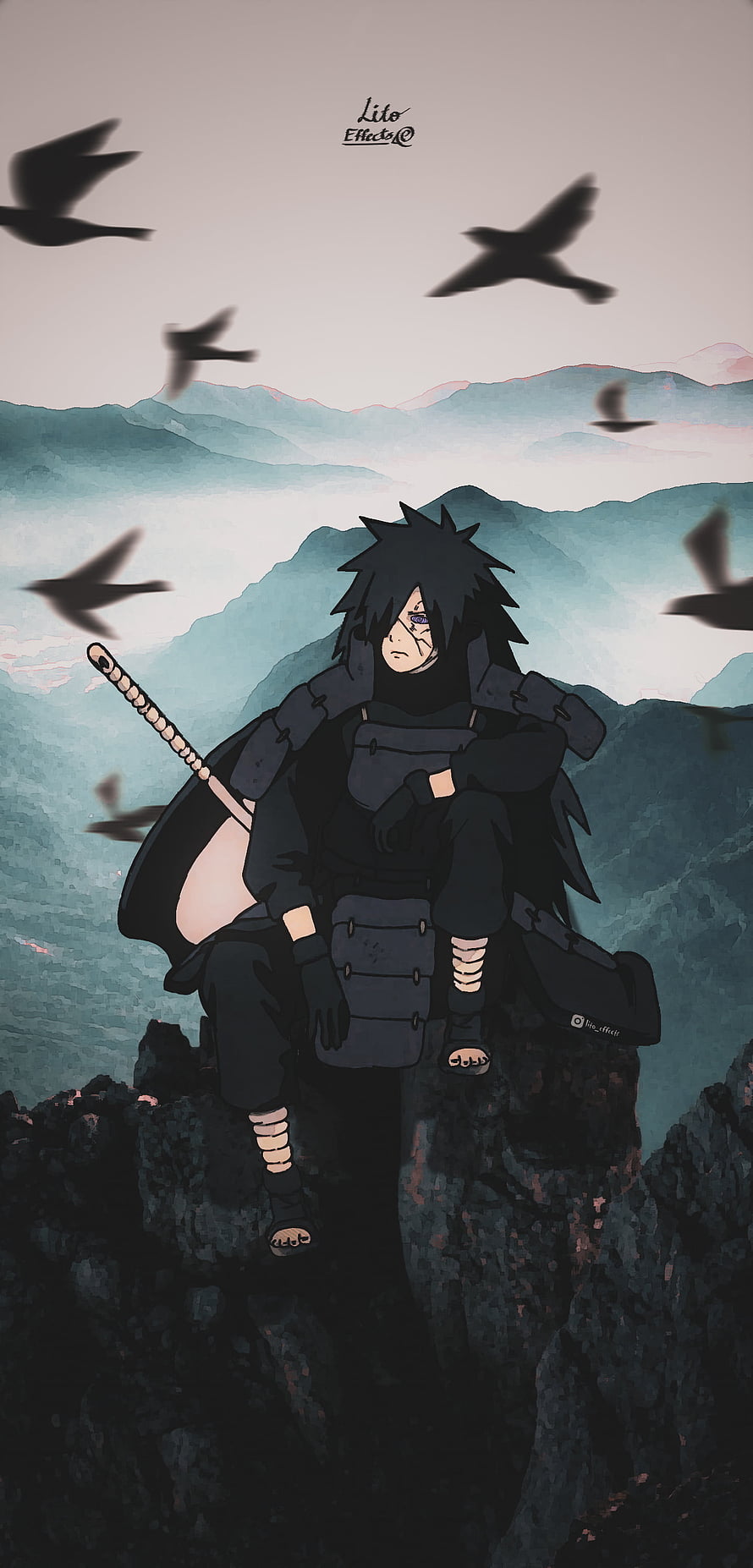 Itachi Uchiha Sitting on Cliff with Birds and Mountains HD phone wallpaper