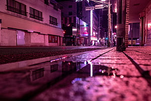 Neon-lit urban street at night with vibrant pink reflections in a rain puddle HD wallpaper