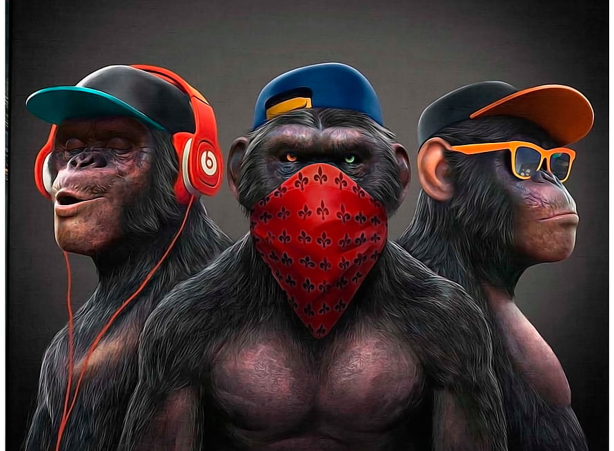Three Street Style Chimpanzees Wearing Caps, Headphones, and Bandana in Digital Art HD wallpaper