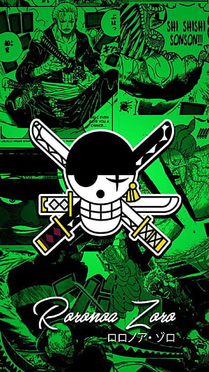 Roronoa Zoro Jolly Roger with Three Swords and Manga Panels in Green Tint HD phone wallpaper