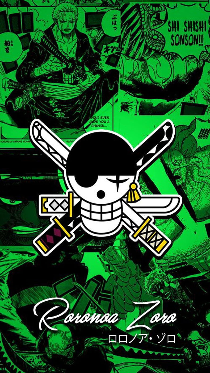 Roronoa Zoro Jolly Roger with Three Swords and Manga Panels in Green Tint HD phone wallpaper