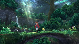 Boy in Red Cape Walking on Mossy Bridge in Lush Fantasy Forest with Waterfall HD wallpaper