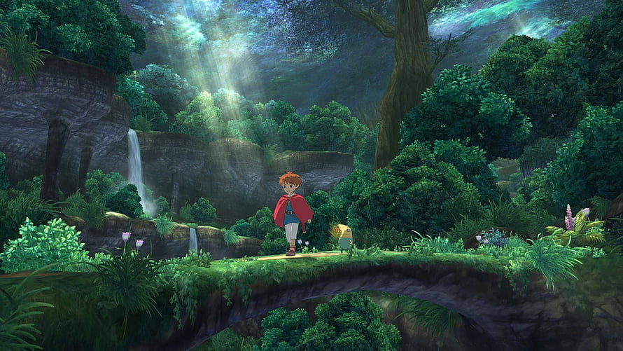 Boy in Red Cape Walking on Mossy Bridge in Lush Fantasy Forest with Waterfall HD wallpaper